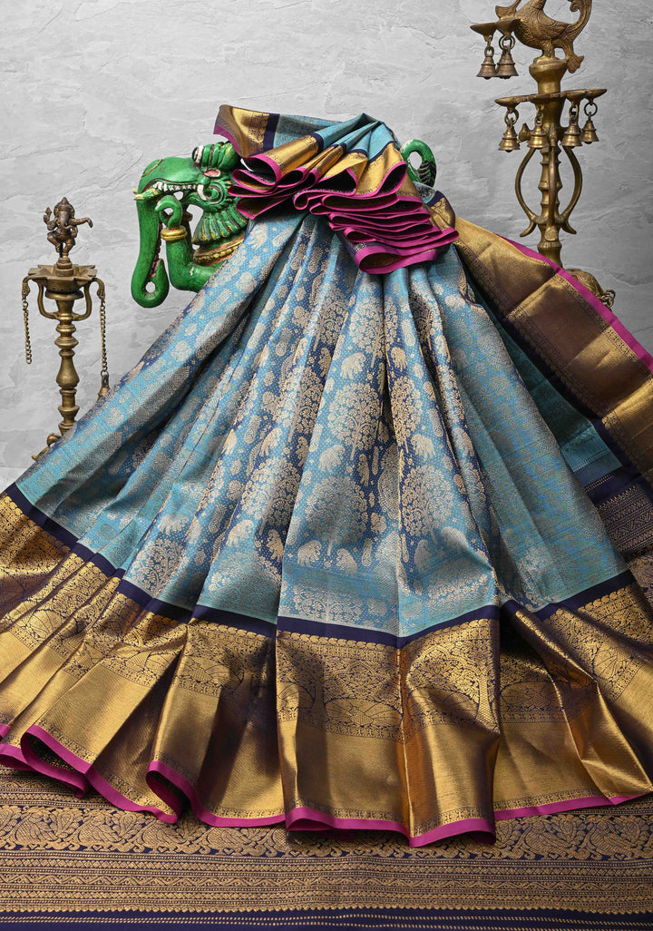 Blue Gadwal Silk Saree with Zari Brocade and Peacock Wide Zari border | SILK MARK CERTIFIED