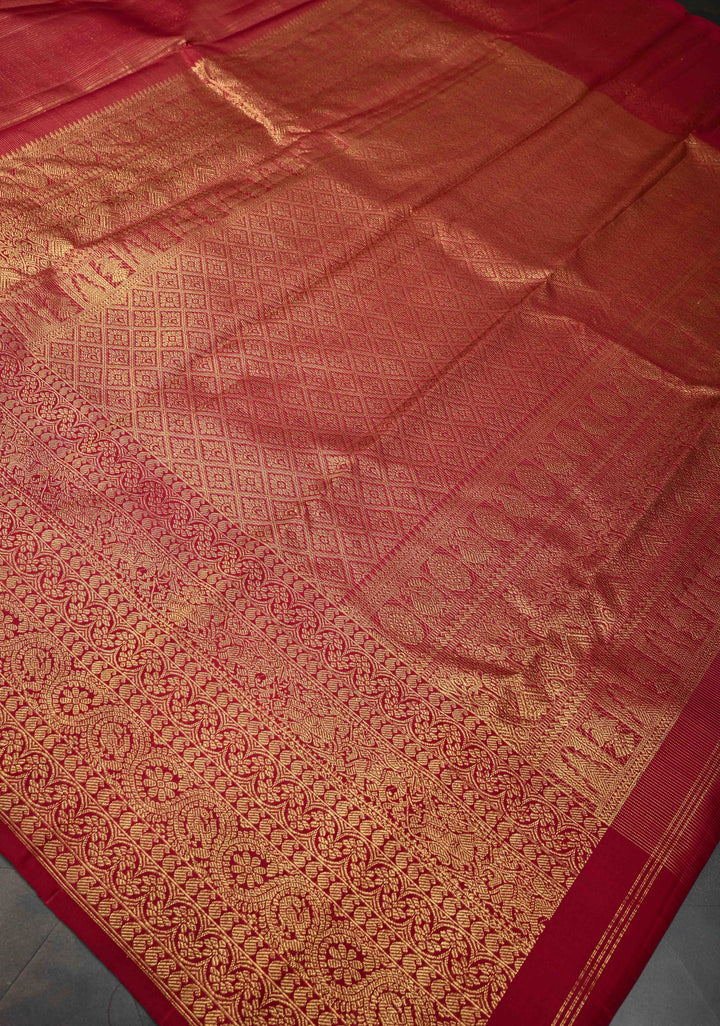 Pre Order Brick Red Gadwal Silk Saree with Podi-Kattam Zari Checks and Wide Zari Border | SILK MARK CERTIFIED