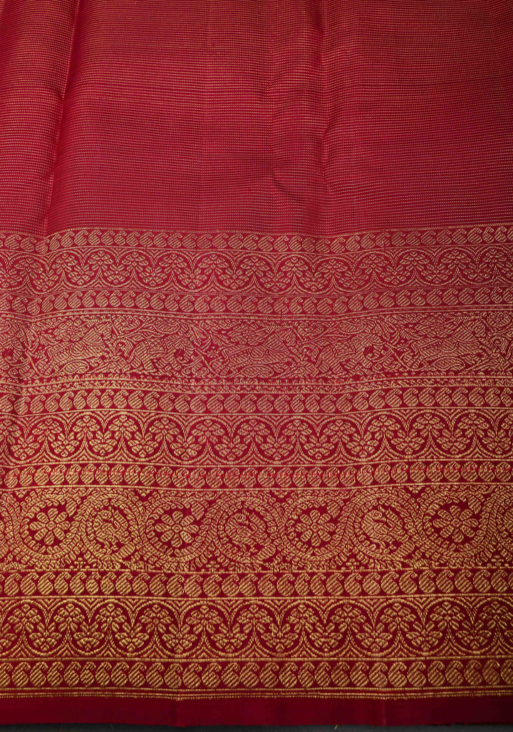 Pre Order Brick Red Gadwal Silk Saree with Podi-Kattam Zari Checks and Wide Zari Border | SILK MARK CERTIFIED