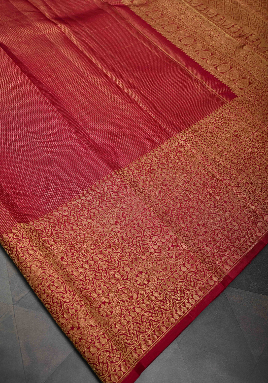 Pre Order Brick Red Gadwal Silk Saree with Podi-Kattam Zari Checks and Wide Zari Border | SILK MARK CERTIFIED