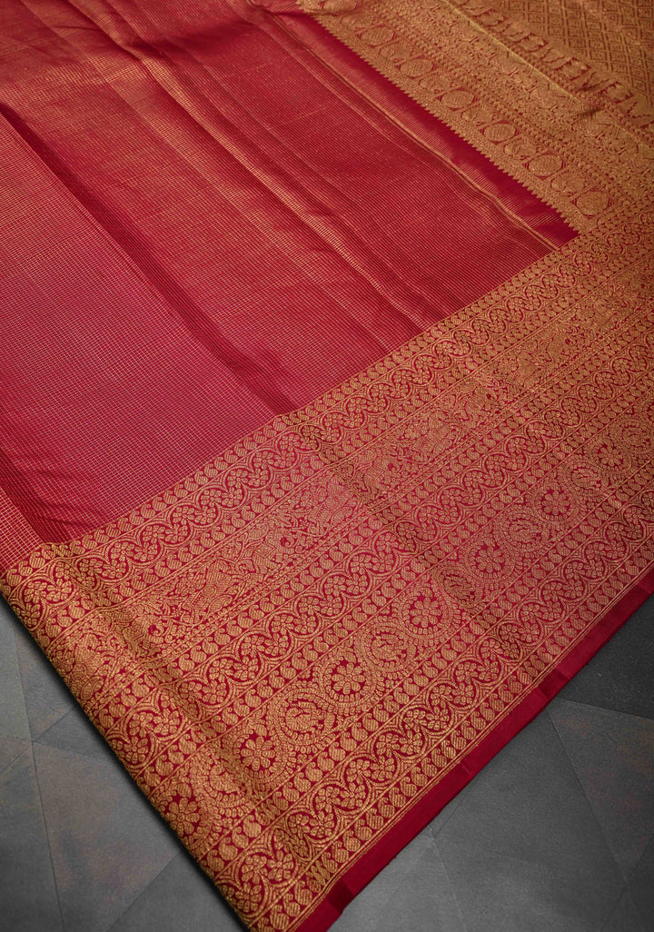 Pre Order Brick Red Gadwal Silk Saree with Podi-Kattam Zari Checks and Wide Zari Border | SILK MARK CERTIFIED