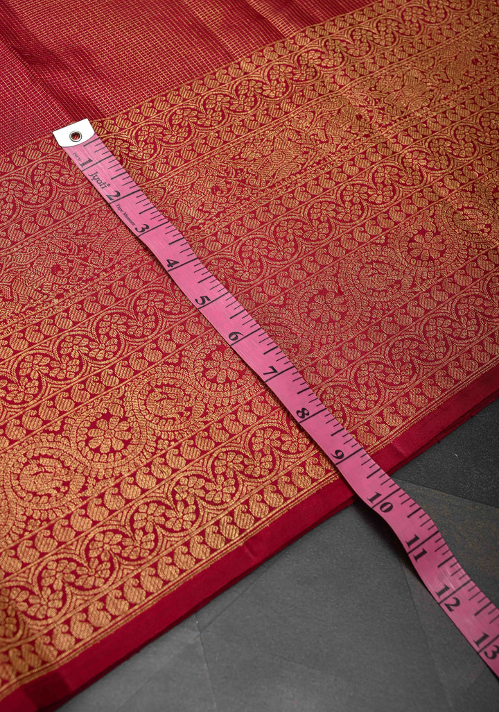 Pre Order Brick Red Gadwal Silk Saree with Podi-Kattam Zari Checks and Wide Zari Border | SILK MARK CERTIFIED