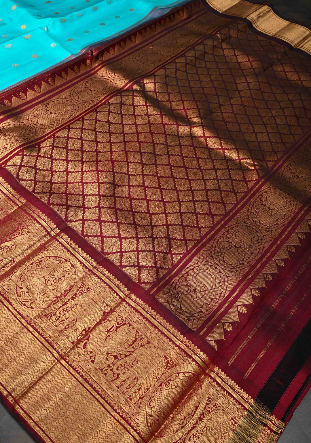 Cyan Blue Korvai Pure Gadwal Silk Saree with Gold & Silver Zari Buttas and Contrast Zari Border | SILK MARK CERTIFIED