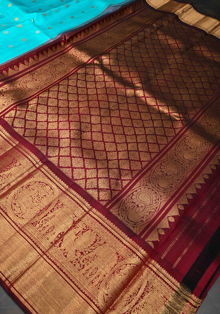 Cyan Blue Korvai Pure Gadwal Silk Saree with Gold & Silver Zari Buttas and Contrast Zari Border | SILK MARK CERTIFIED