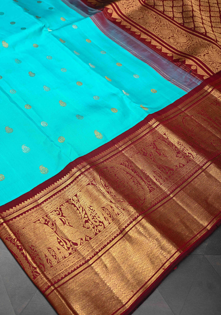 Cyan Blue Korvai Pure Gadwal Silk Saree with Gold & Silver Zari Buttas and Contrast Zari Border | SILK MARK CERTIFIED
