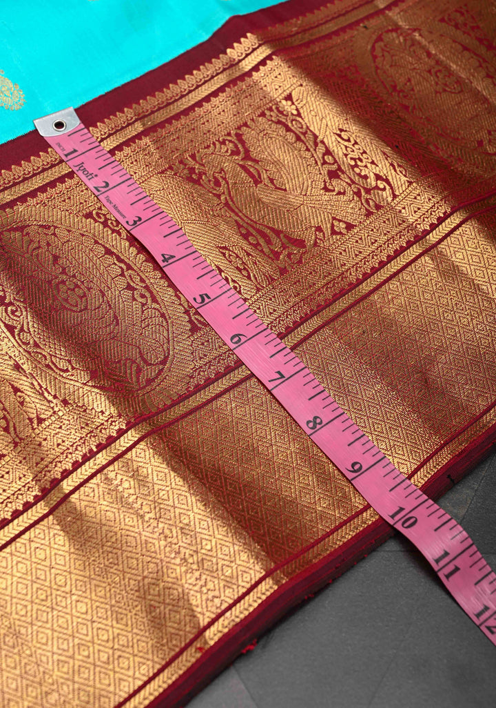 Cyan Blue Korvai Pure Gadwal Silk Saree with Gold & Silver Zari Buttas and Contrast Zari Border | SILK MARK CERTIFIED