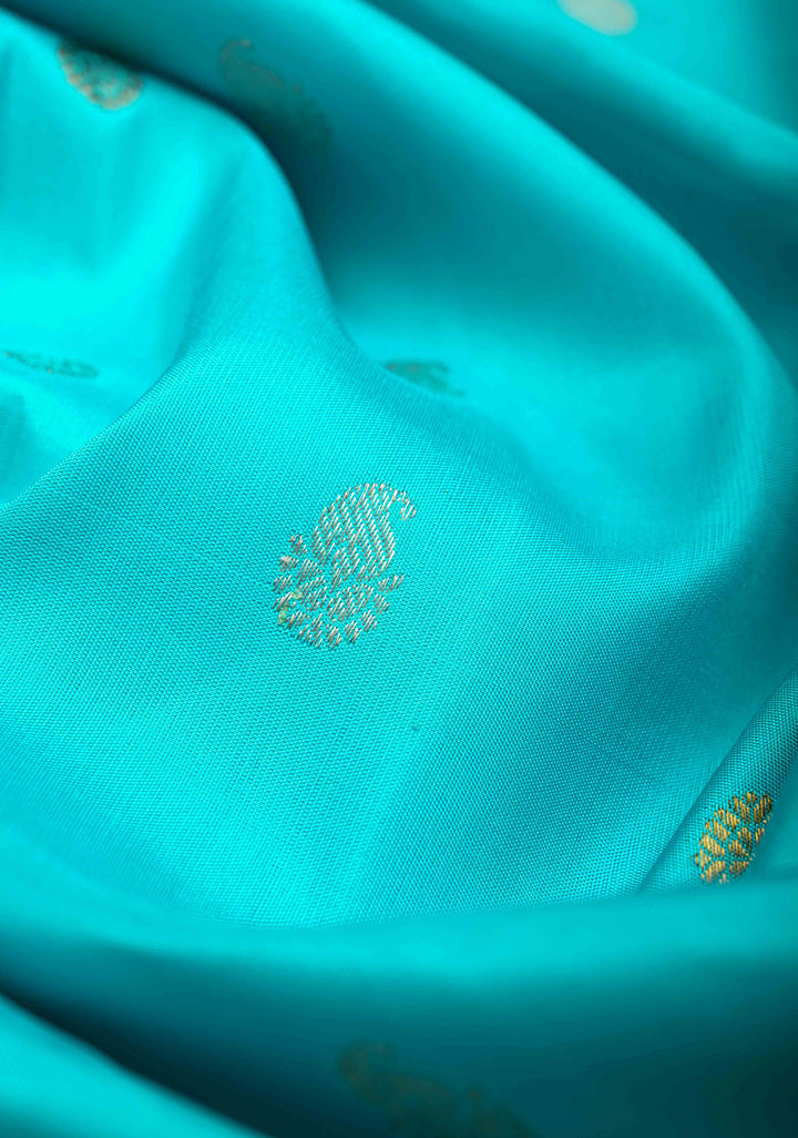 Cyan Blue Korvai Pure Gadwal Silk Saree with Gold & Silver Zari Buttas and Contrast Zari Border | SILK MARK CERTIFIED