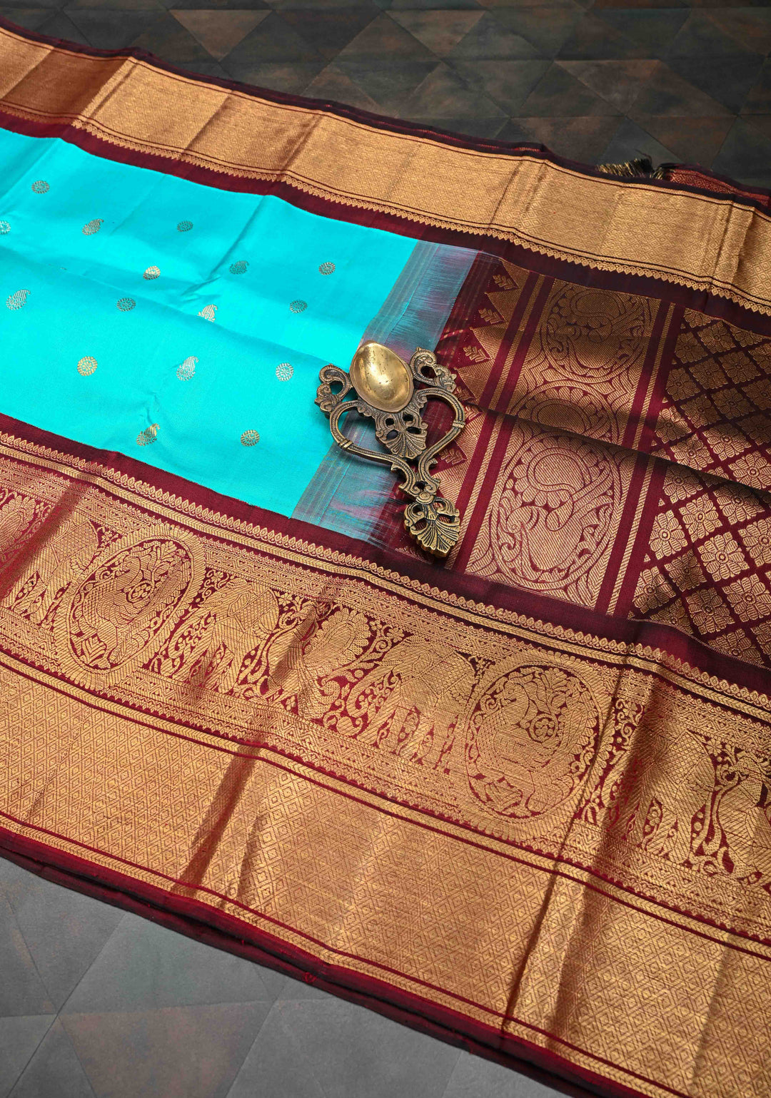 Cyan Blue Korvai Pure Gadwal Silk Saree with Gold & Silver Zari Buttas and Contrast Zari Border | SILK MARK CERTIFIED