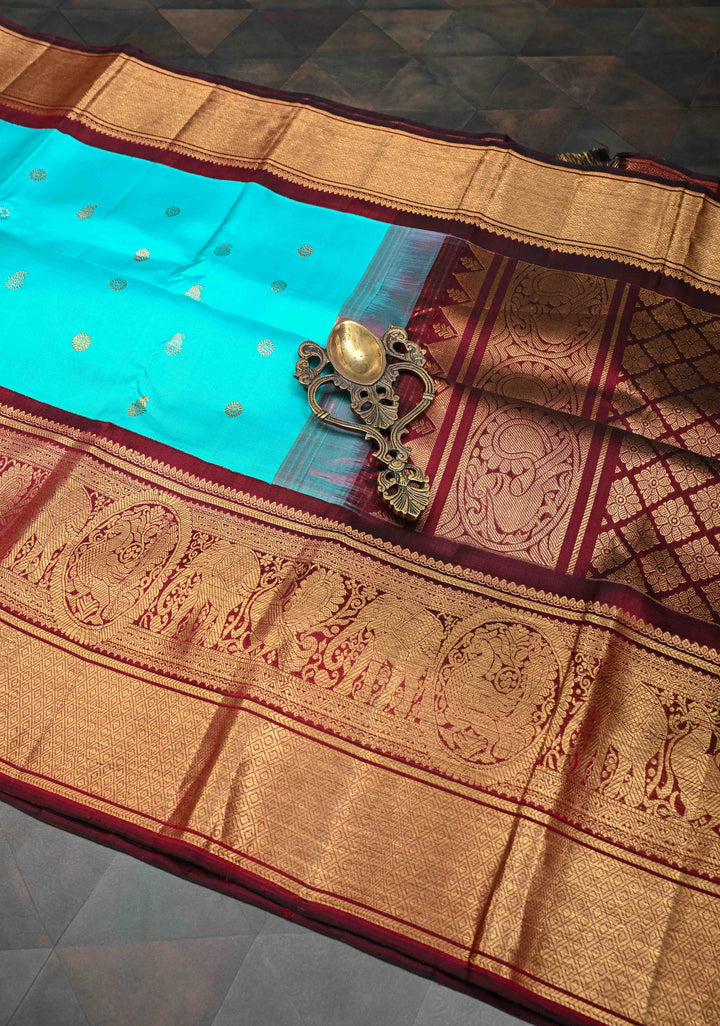 Cyan Blue Korvai Pure Gadwal Silk Saree with Gold & Silver Zari Buttas and Contrast Zari Border | SILK MARK CERTIFIED