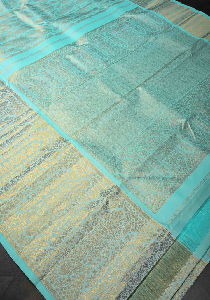 Light Teal Brocade Gadwal Silk Saree with wide zari Border | SILK MARK CERTIFIED