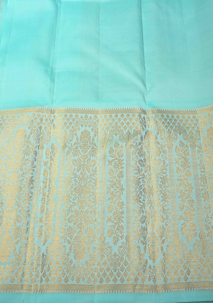 Light Teal Brocade Gadwal Silk Saree with wide zari Border | SILK MARK CERTIFIED