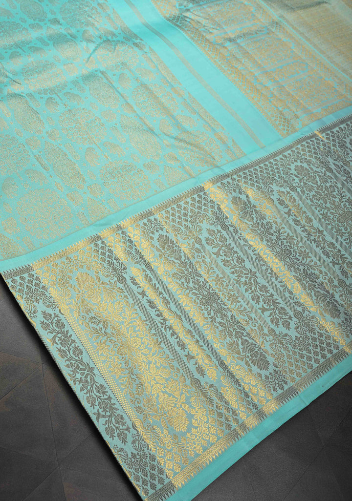 Light Teal Brocade Gadwal Silk Saree with wide zari Border | SILK MARK CERTIFIED