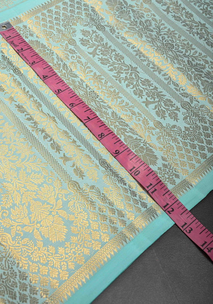 Light Teal Brocade Gadwal Silk Saree with wide zari Border | SILK MARK CERTIFIED