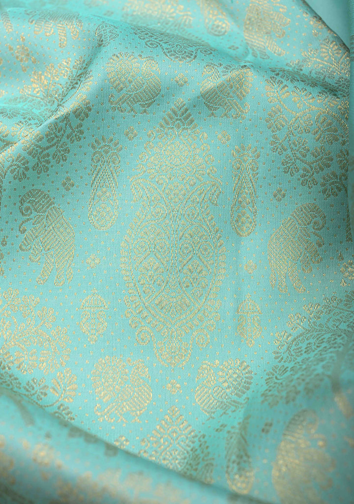 Light Teal Brocade Gadwal Silk Saree with wide zari Border | SILK MARK CERTIFIED