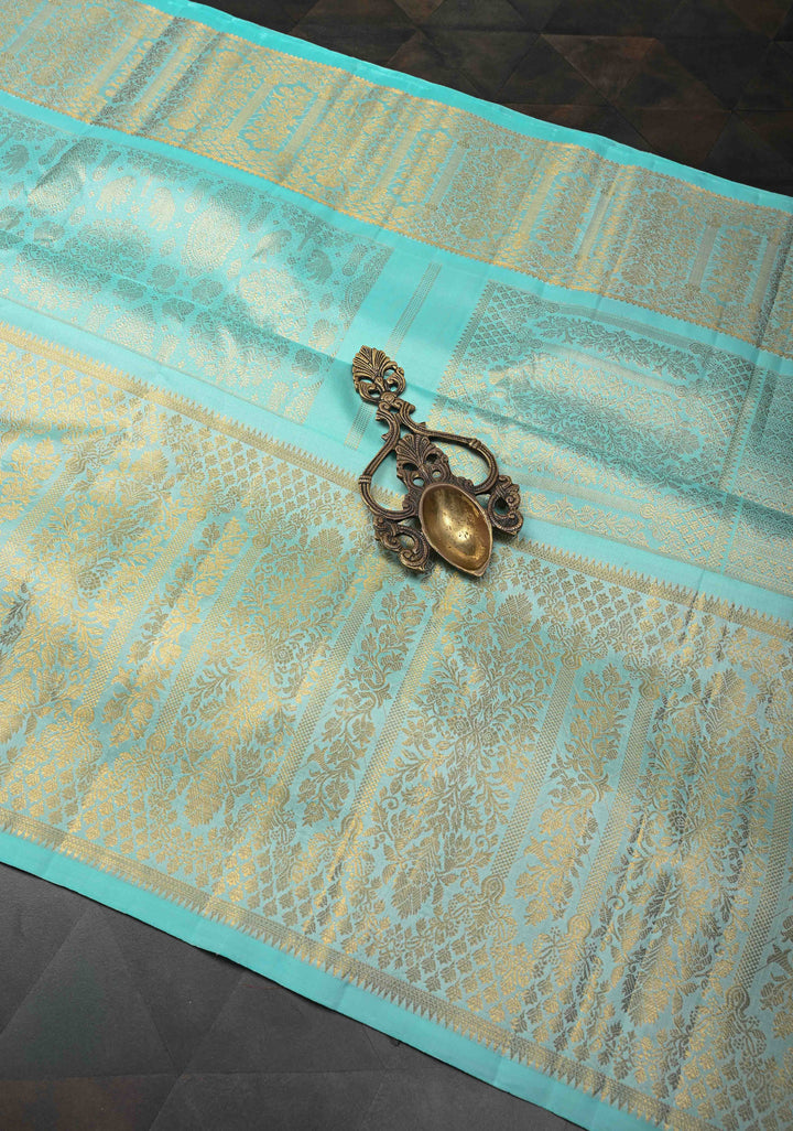 Light Teal Brocade Gadwal Silk Saree with wide zari Border | SILK MARK CERTIFIED