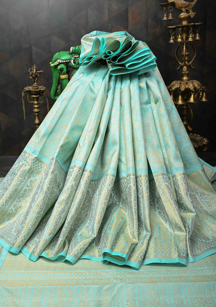 Light Teal Brocade Gadwal Silk Saree with wide zari Border | SILK MARK CERTIFIED