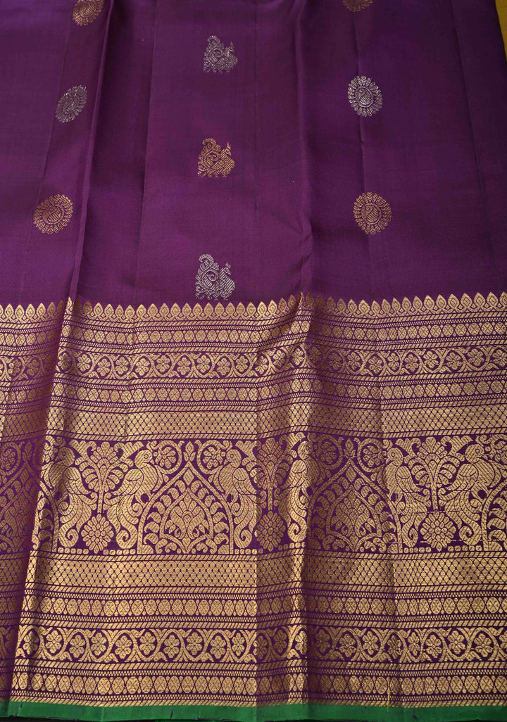 Gold Dual Tone Gadwal Silk Saree with Silver-Gold  Buttas and Contrast Wide Border | SILK MARK CERTIFIED