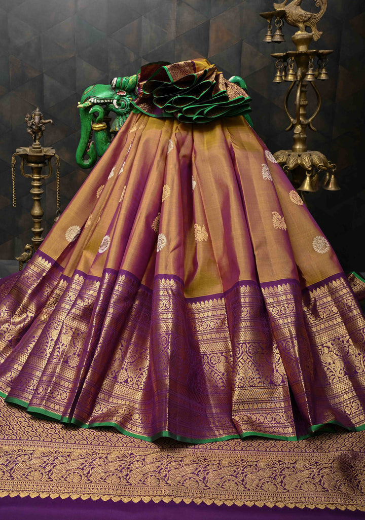 Gold Dual Tone Gadwal Silk Saree with Silver-Gold  Buttas and Contrast Wide Border | SILK MARK CERTIFIED