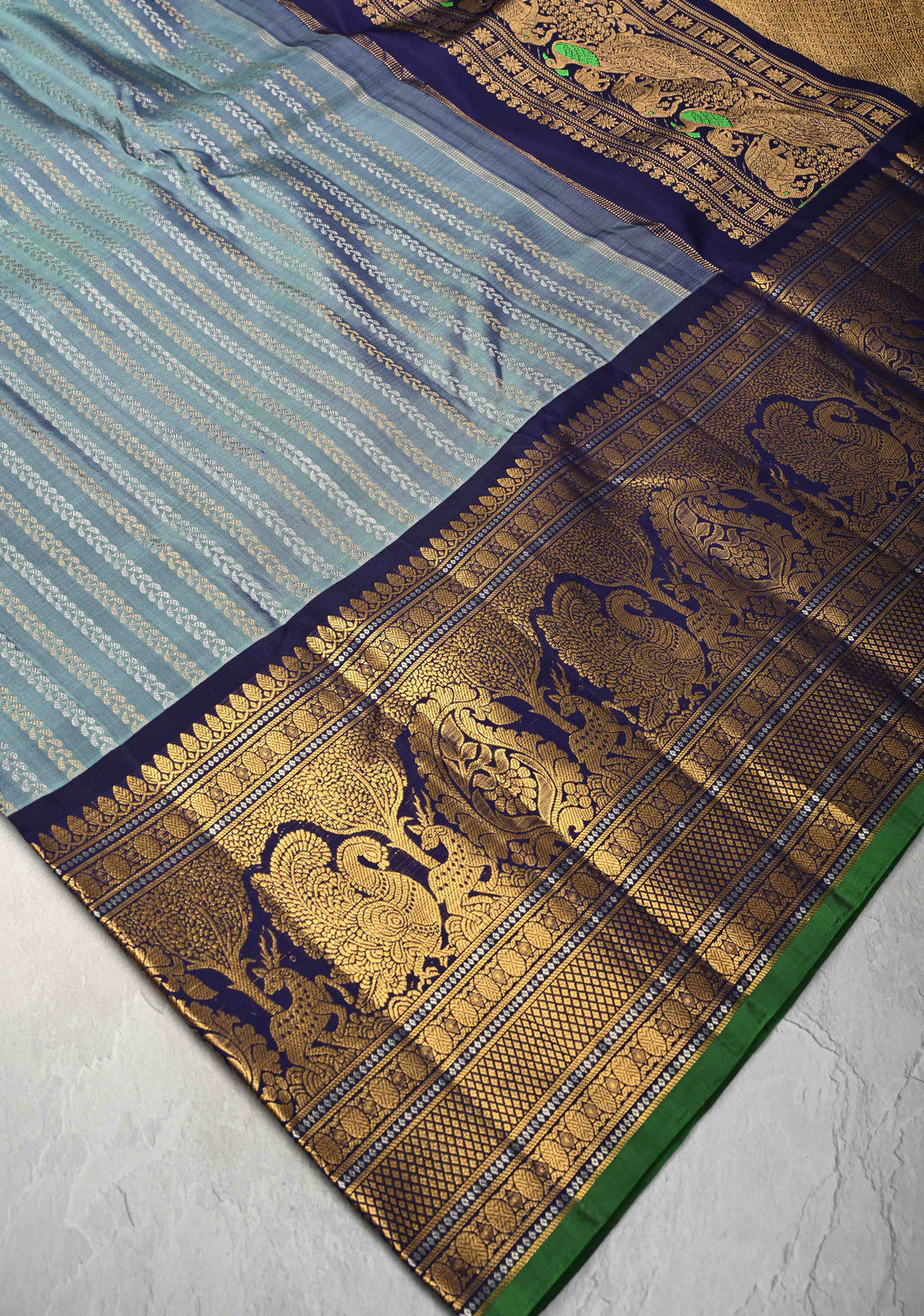 Pastel Blue Pure Gadwal Silk Saree with Ornate Zari Stripes and 12" Contrast Zari Border | SILK MARK CERTIFIED