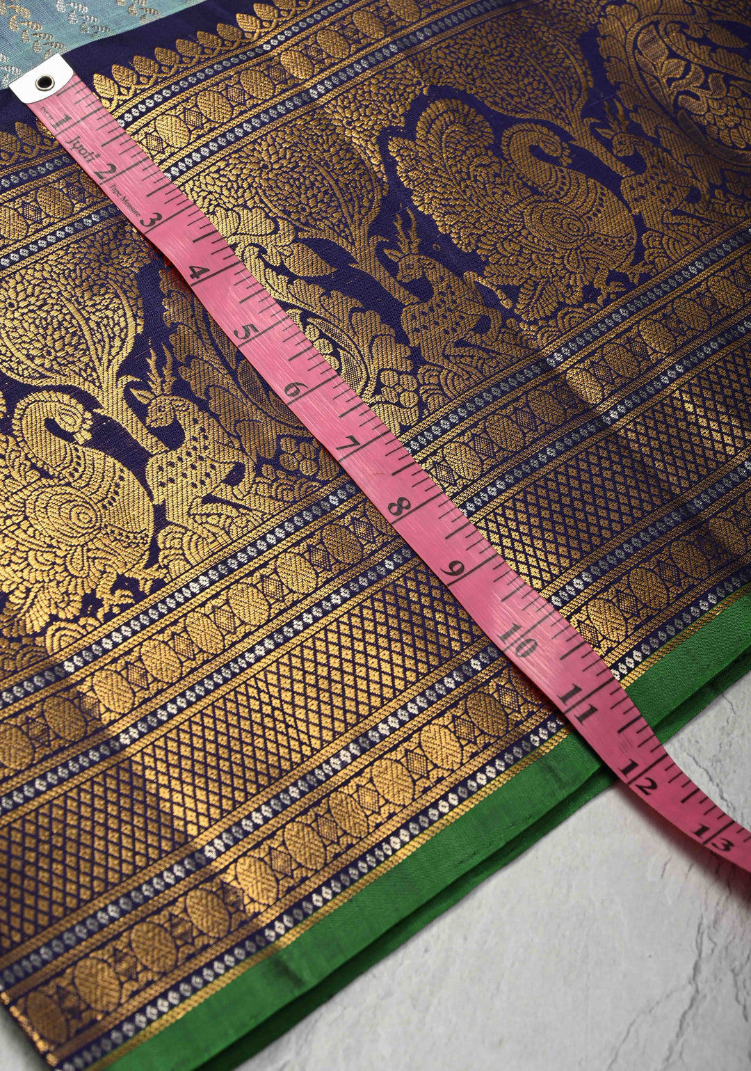 Pastel Blue Pure Gadwal Silk Saree with Ornate Zari Stripes and 12" Contrast Zari Border | SILK MARK CERTIFIED