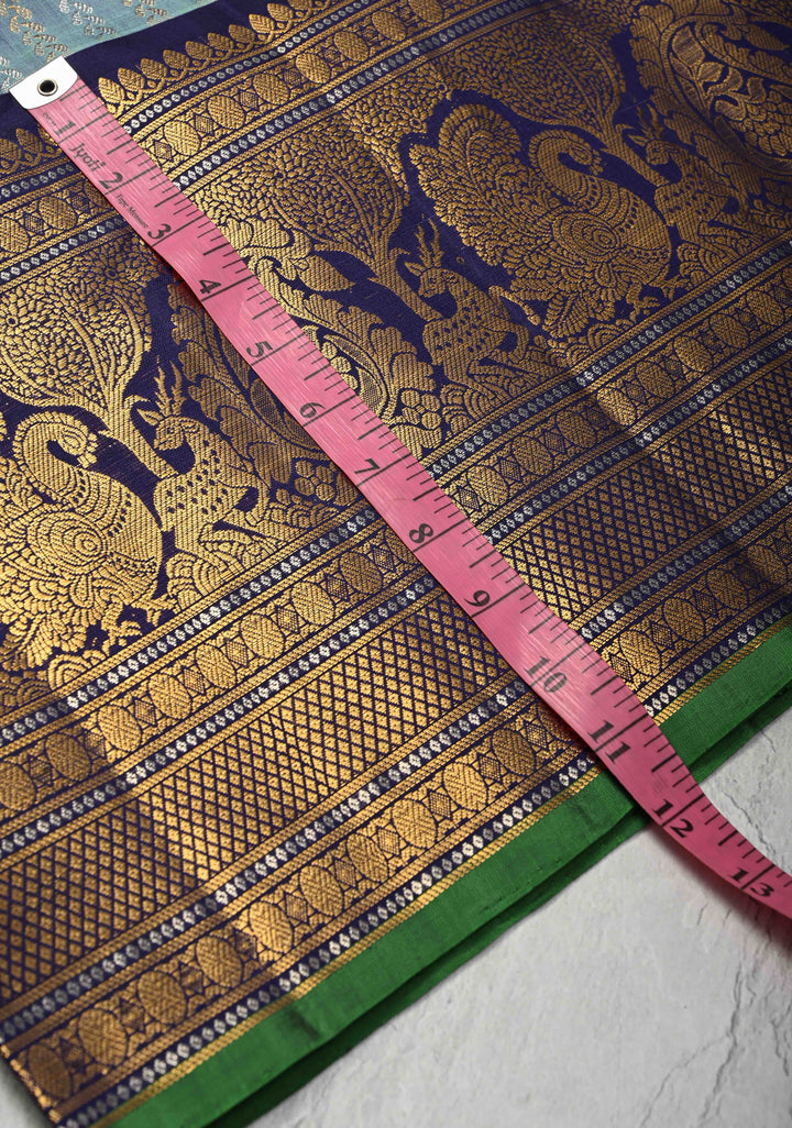 Pastel Blue Pure Gadwal Silk Saree with Ornate Zari Stripes and 12" Contrast Zari Border | SILK MARK CERTIFIED
