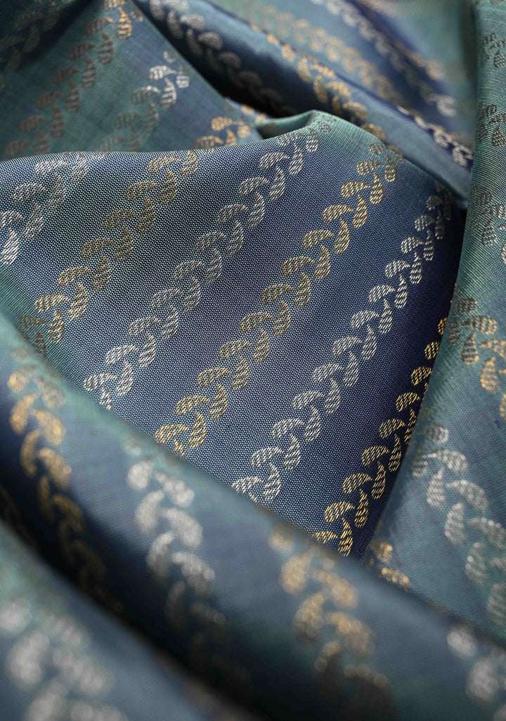 Pastel Blue Pure Gadwal Silk Saree with Ornate Zari Stripes and 12" Contrast Zari Border | SILK MARK CERTIFIED