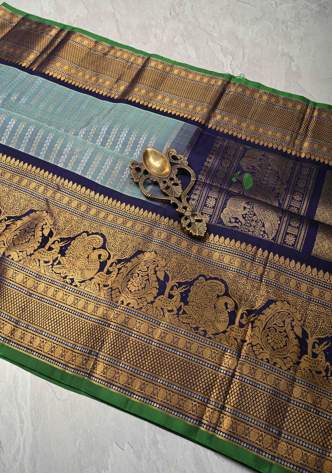 Pastel Blue Pure Gadwal Silk Saree with Ornate Zari Stripes and 12" Contrast Zari Border | SILK MARK CERTIFIED