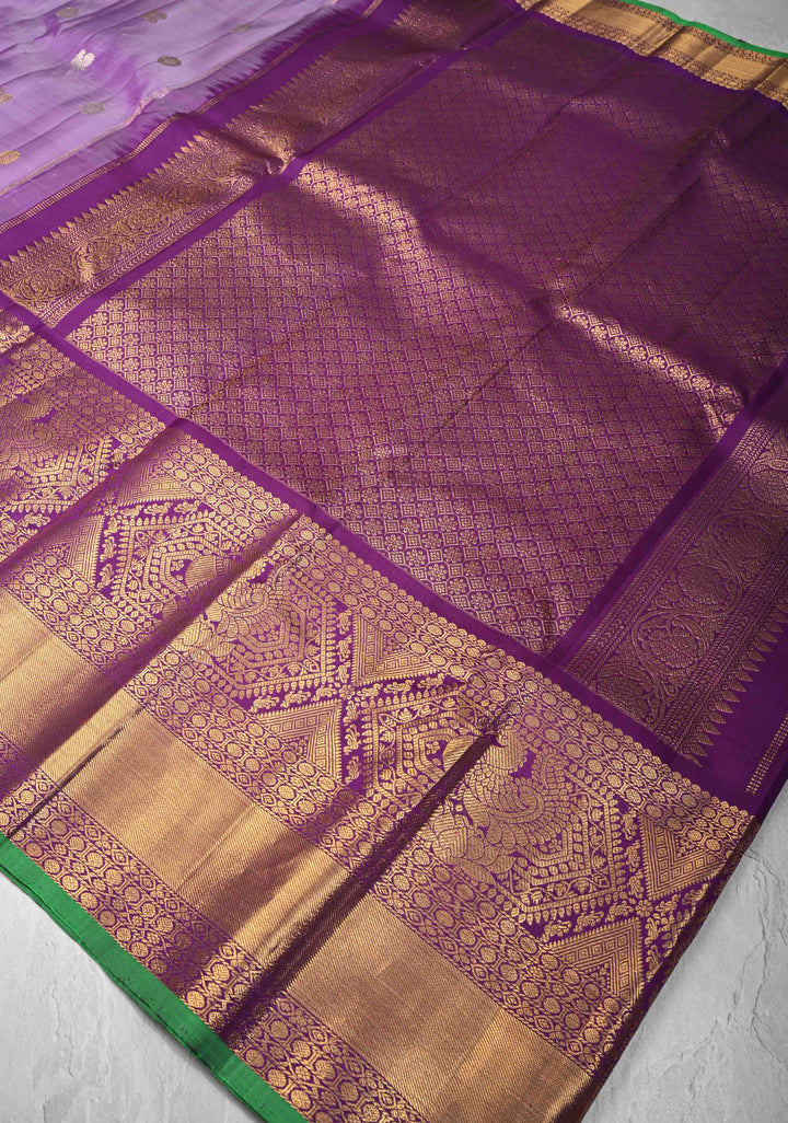 Dusty Lavender Gadwal Silk Saree with Gold-Silver Buttas and Contrast Wide Zari Border | SILK MARK CERTIFIED