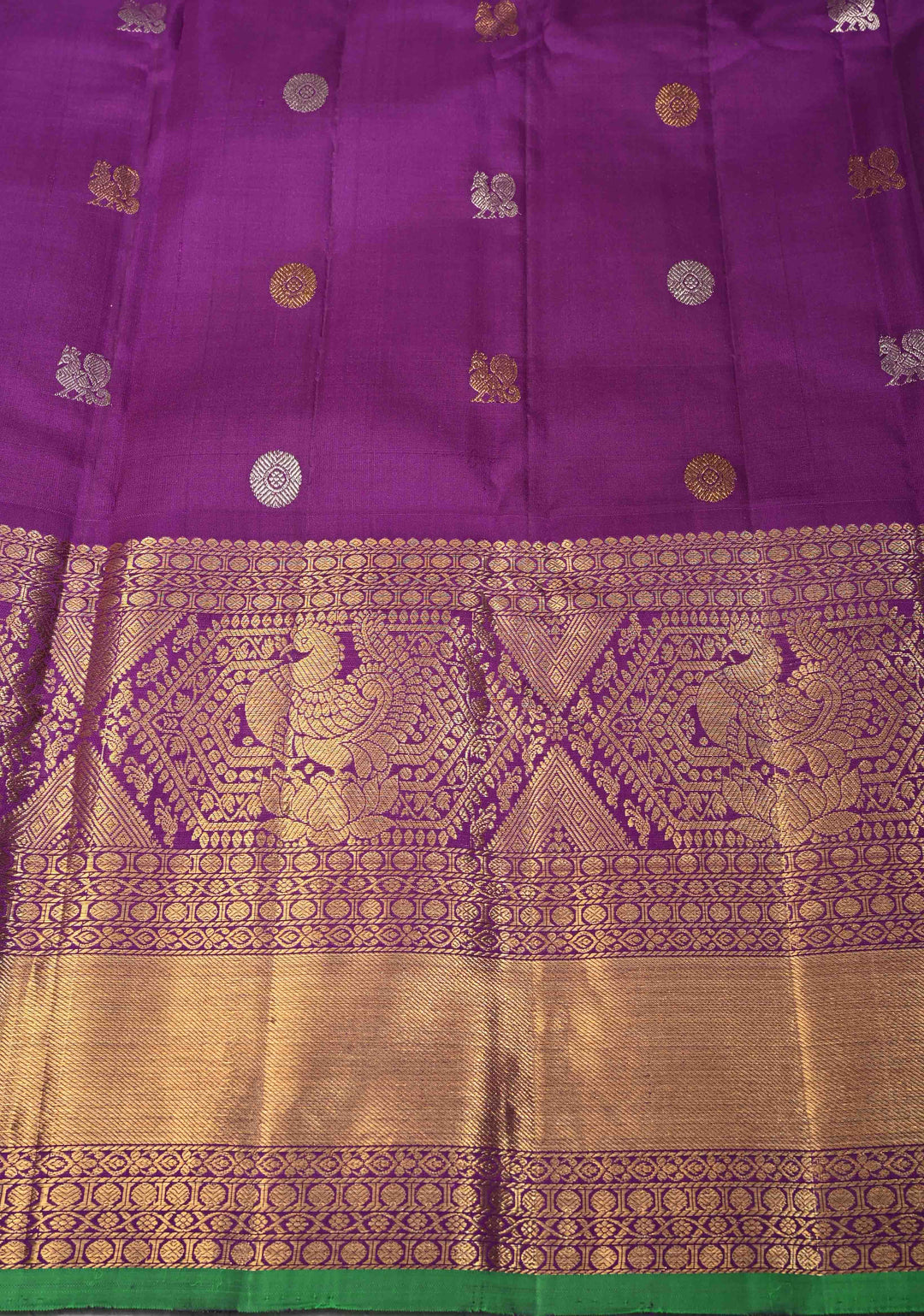 Dusty Lavender Gadwal Silk Saree with Gold-Silver Buttas and Contrast Wide Zari Border | SILK MARK CERTIFIED