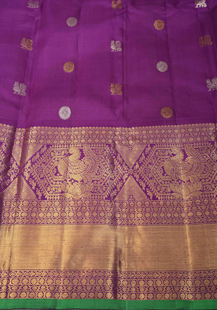 Dusty Lavender Gadwal Silk Saree with Gold-Silver Buttas and Contrast Wide Zari Border | SILK MARK CERTIFIED