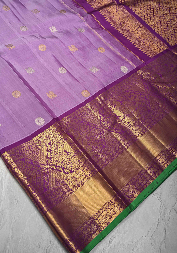 Dusty Lavender Gadwal Silk Saree with Gold-Silver Buttas and Contrast Wide Zari Border | SILK MARK CERTIFIED