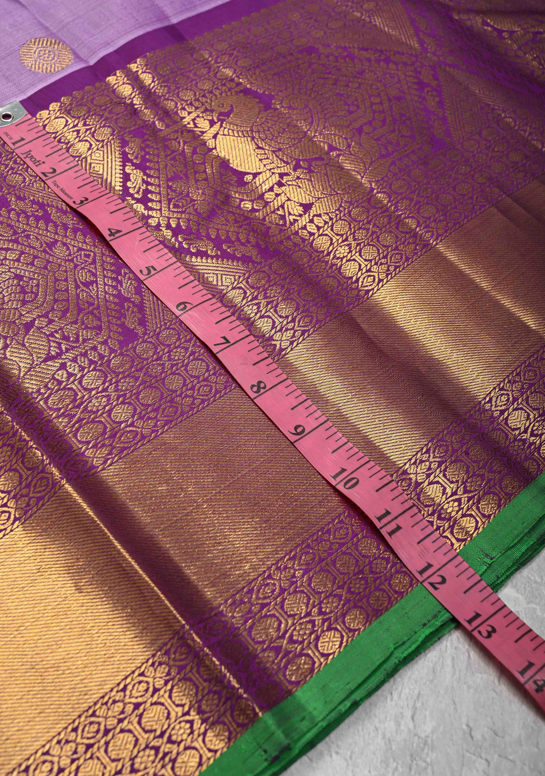 Dusty Lavender Gadwal Silk Saree with Gold-Silver Buttas and Contrast Wide Zari Border | SILK MARK CERTIFIED