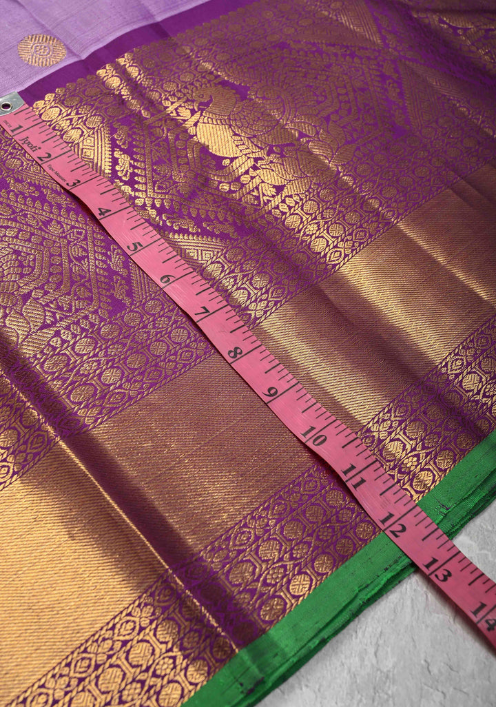 Dusty Lavender Gadwal Silk Saree with Gold-Silver Buttas and Contrast Wide Zari Border | SILK MARK CERTIFIED