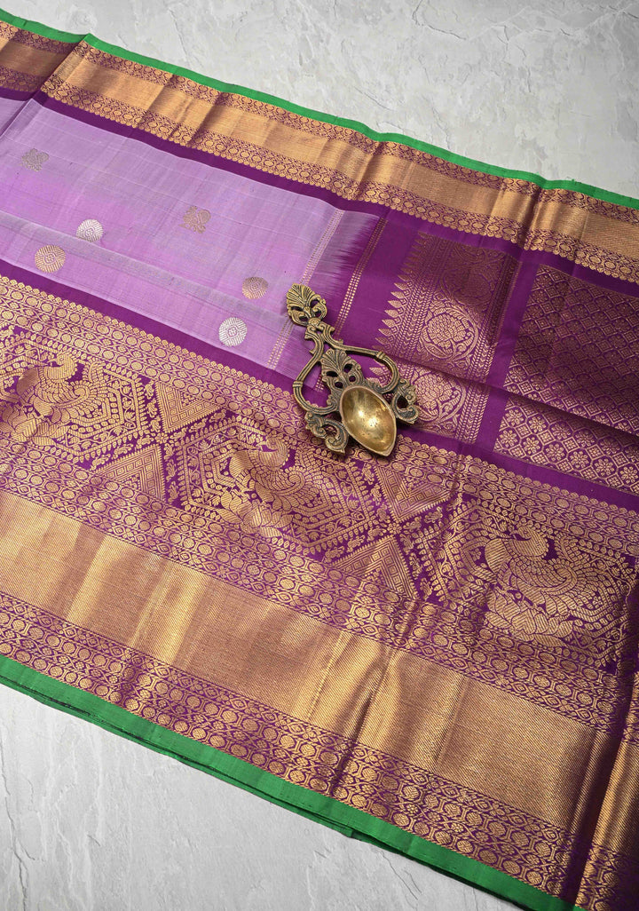 Dusty Lavender Gadwal Silk Saree with Gold-Silver Buttas and Contrast Wide Zari Border | SILK MARK CERTIFIED