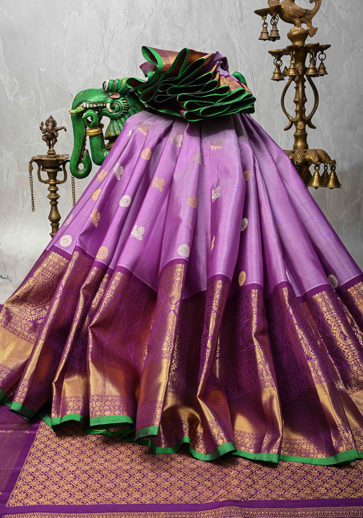 Dusty Lavender Gadwal Silk Saree with Gold-Silver Buttas and Contrast Wide Zari Border | SILK MARK CERTIFIED