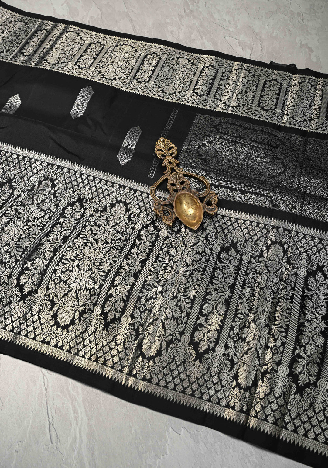 Black Gadwal Silk Saree with Silver Zari Buttas and Wide Zari JharokhaBorder | SILK MARK CERTIFIED