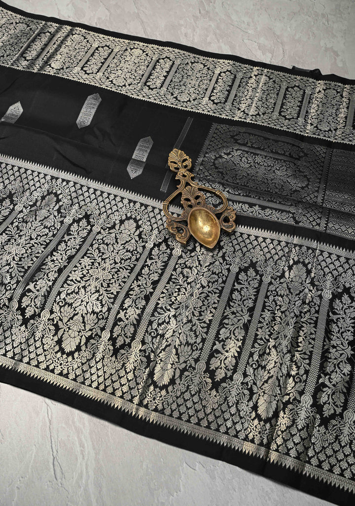 Black Gadwal Silk Saree with Silver Zari Buttas and Wide Zari JharokhaBorder | SILK MARK CERTIFIED