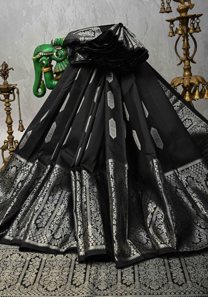 Black Gadwal Silk Saree with Silver Zari Buttas and Wide Zari JharokhaBorder | SILK MARK CERTIFIED