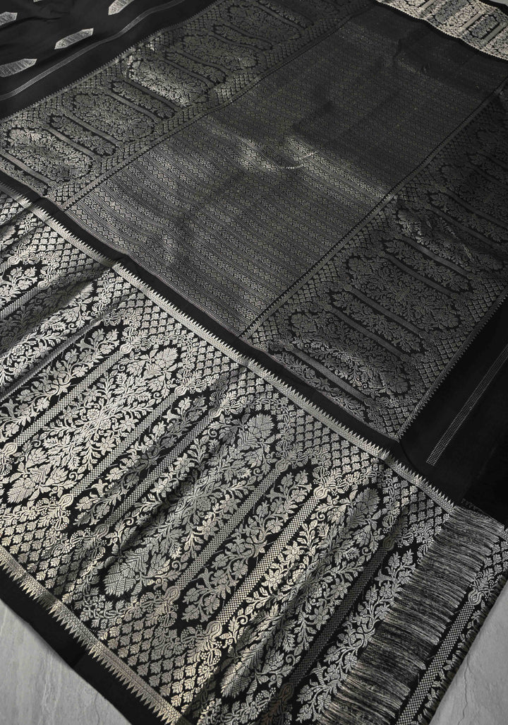 Black Gadwal Silk Saree with Silver Zari Buttas and Wide Zari JharokhaBorder | SILK MARK CERTIFIED