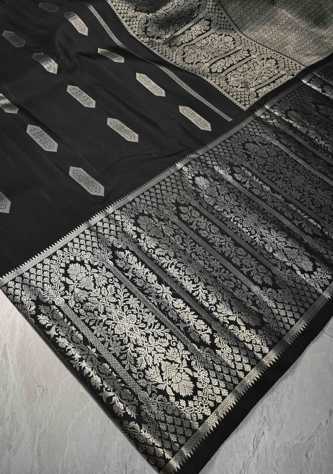 Black Gadwal Silk Saree with Silver Zari Buttas and Wide Zari JharokhaBorder | SILK MARK CERTIFIED