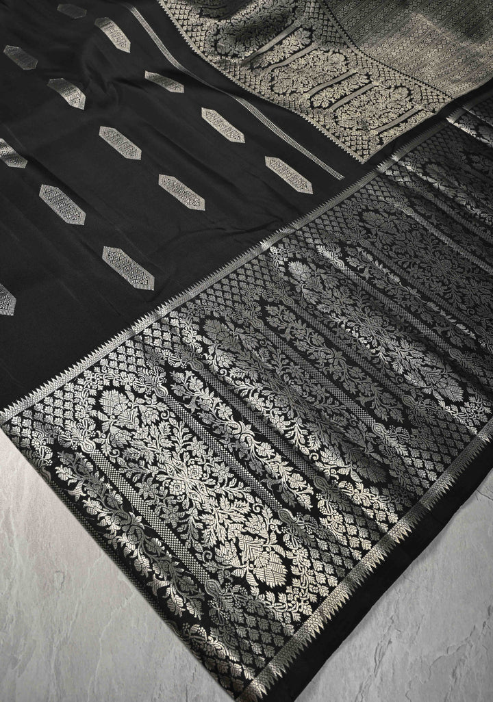 Black Gadwal Silk Saree with Silver Zari Buttas and Wide Zari JharokhaBorder | SILK MARK CERTIFIED