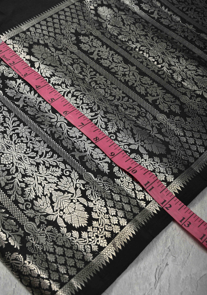Black Gadwal Silk Saree with Silver Zari Buttas and Wide Zari JharokhaBorder | SILK MARK CERTIFIED