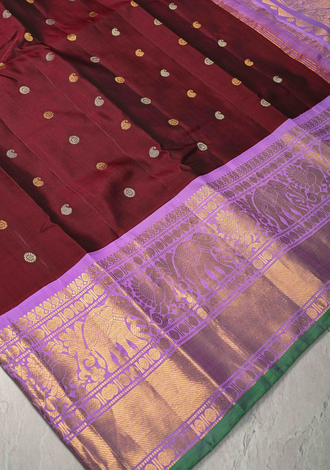 Maroon Gadwal Silk Saree with Gold-Silver Buttas and Contrast Wide Zari Border | SILK MARK CERTIFIED