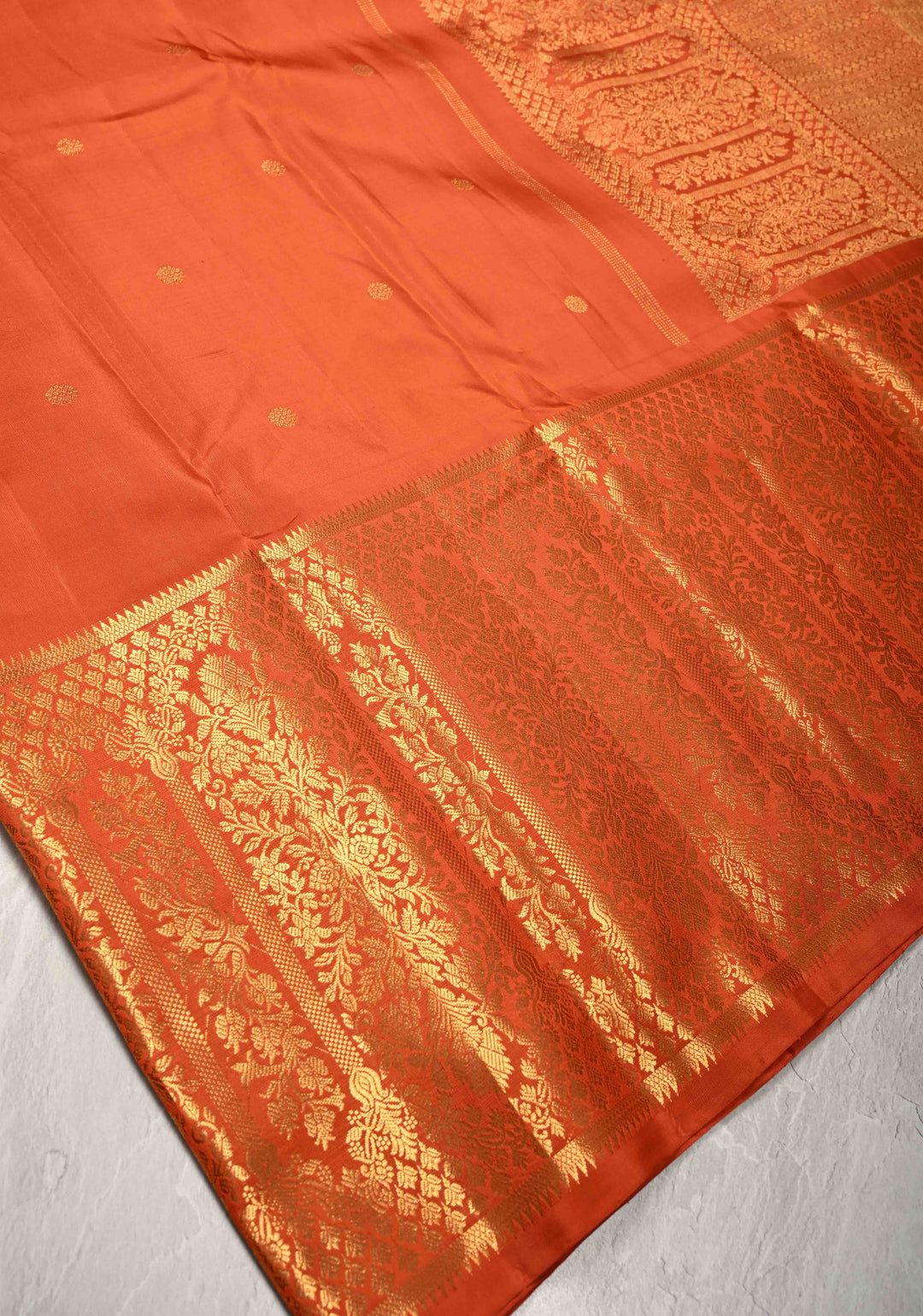 Rust Orange Gadwal Silk Saree with Zari Buttas and Wide Zari Border | SILK MARK CERTIFIED