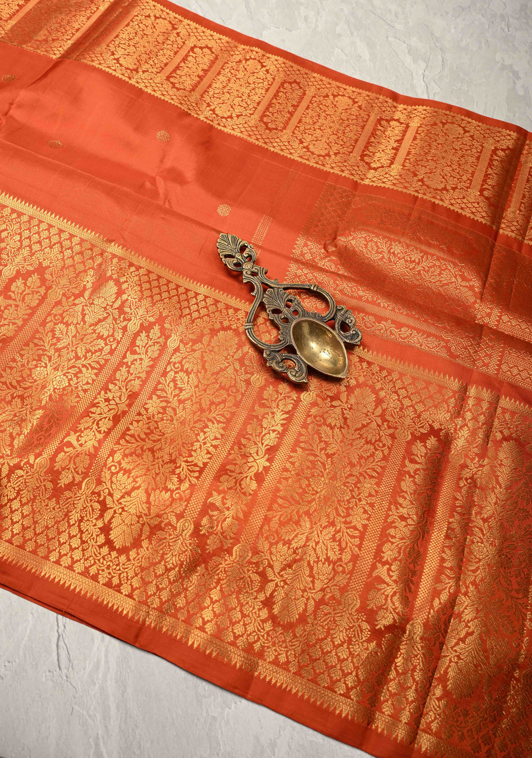 Rust Orange Gadwal Silk Saree with Zari Buttas and Wide Zari Border | SILK MARK CERTIFIED