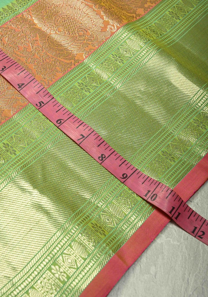 Yellow Gadwal Handwoven Pure Silk Saree with Meenakari Rangoli Zari Buttas with Pink and Teal Border | SILK MARK CERTIFIED