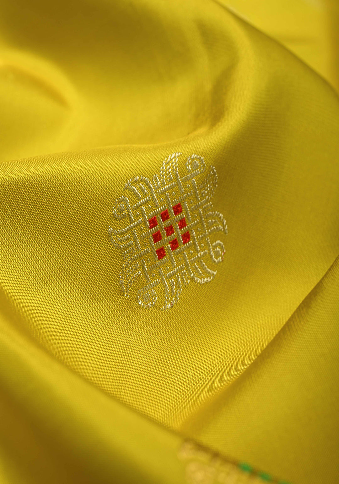 Yellow Gadwal Handwoven Pure Silk Saree with Meenakari Rangoli Zari Buttas with Pink and Teal Border | SILK MARK CERTIFIED