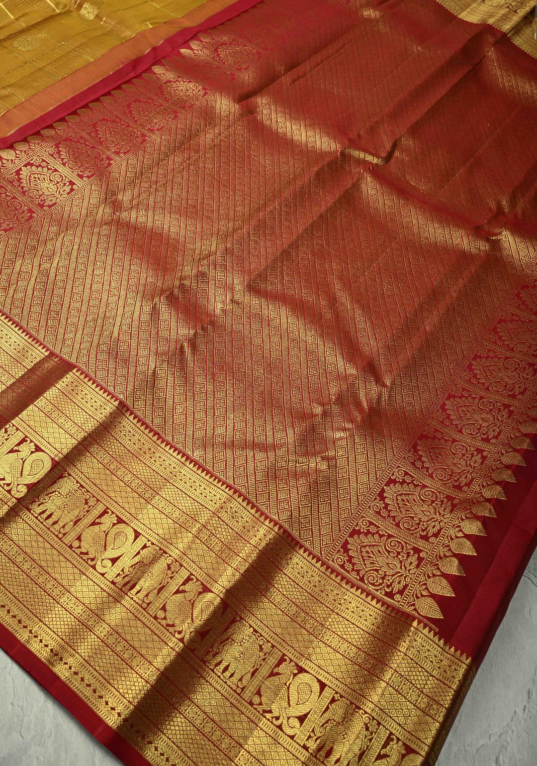 Honey color Gadwal Pure Silk Saree with Zari Checks Podi kattam and Wide Border | SILK MARK CERTIFIED