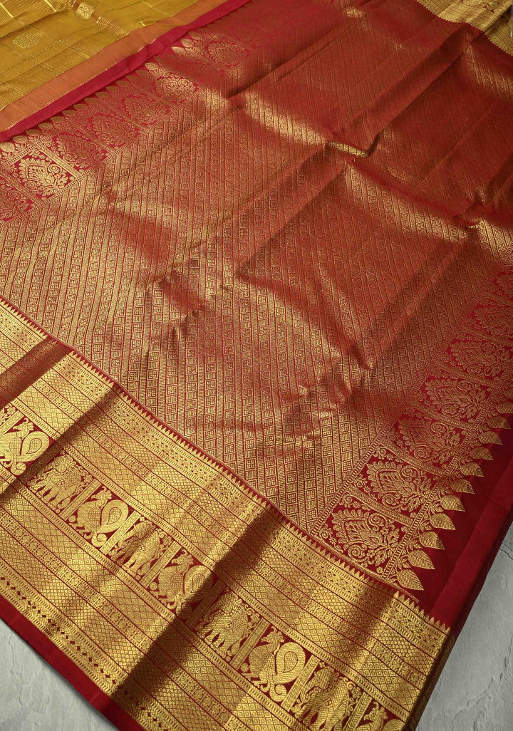 Honey color Gadwal Pure Silk Saree with Zari Checks Podi kattam and Wide Border | SILK MARK CERTIFIED