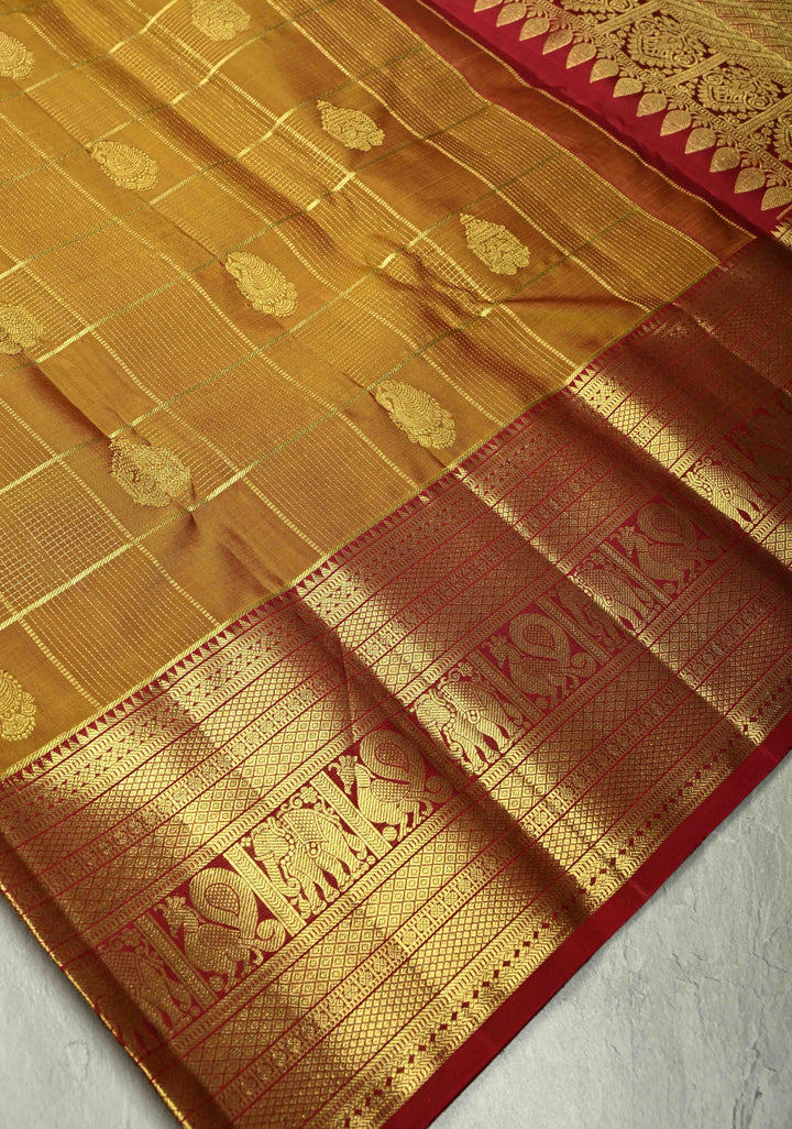 Honey color Gadwal Pure Silk Saree with Zari Checks Podi kattam and Wide Border | SILK MARK CERTIFIED